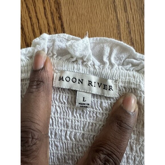 Moon River Peplum Style Smock Bustline White Crop Ruffle Neck Sz L Off Shoulder - Picture 6 of 8